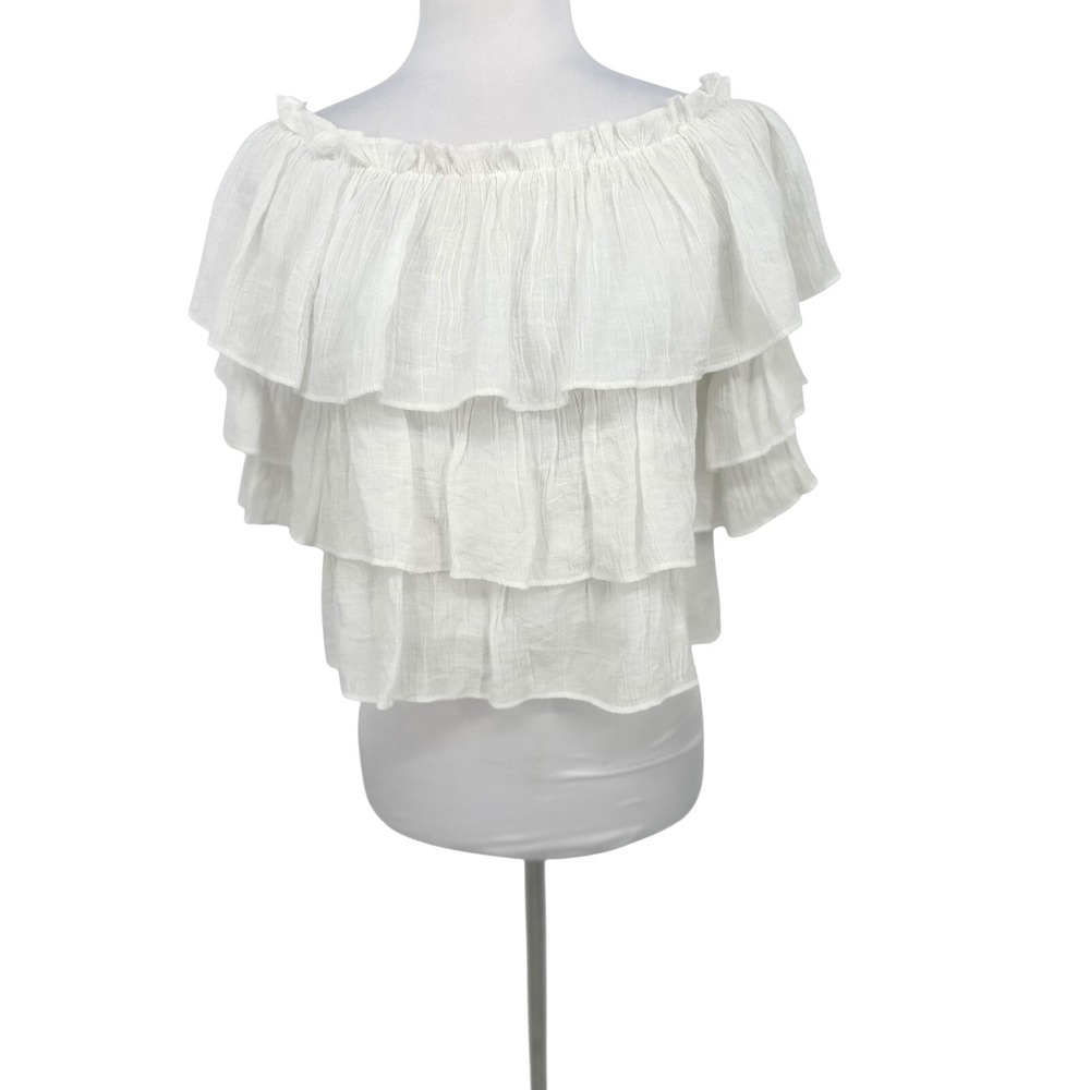 She + Sky Ruffle Tiered Top Womens S White Off Shoulder Boho Gauze Beach Peasant